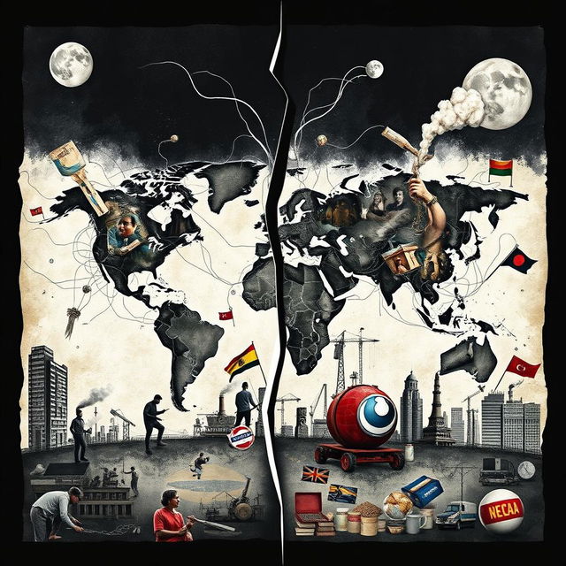 An abstract representation of the negative impacts of globalization, featuring a chaotic global map with torn threads connecting different countries, images of distressed workers in factories, pollution in urban environments, and cultural clashes depicted through contrasting symbols such as a traditional cultural item colliding with a corporate logo