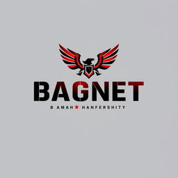 A sleek and modern logo design for a Private Military Company named 'BAGNET', featuring bold typography in black with striking red accents