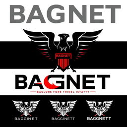 A sleek and modern logo design for a Private Military Company named 'BAGNET', featuring bold typography in black with striking red accents