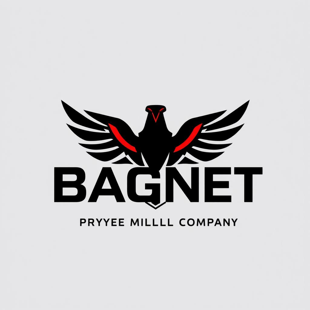 A sleek and modern logo design for a Private Military Company named 'BAGNET', featuring bold typography in black with striking red accents