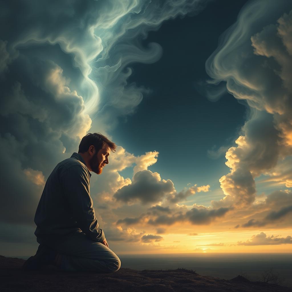 A contemplative scene depicting a man kneeling in prayer under a dramatic sky filled with swirling clouds, symbolizing a connection between heaven and earth