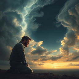 A contemplative scene depicting a man kneeling in prayer under a dramatic sky filled with swirling clouds, symbolizing a connection between heaven and earth