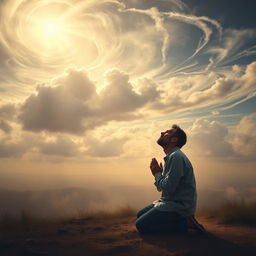 A contemplative scene depicting a man kneeling in prayer under a dramatic sky filled with swirling clouds, symbolizing a connection between heaven and earth