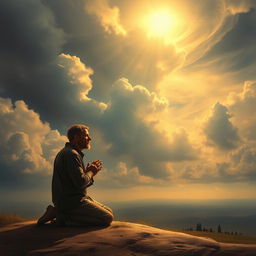 A contemplative scene depicting a man kneeling in prayer under a dramatic sky filled with swirling clouds, symbolizing a connection between heaven and earth