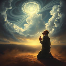A contemplative scene depicting a man kneeling in prayer under a dramatic sky filled with swirling clouds, symbolizing a connection between heaven and earth