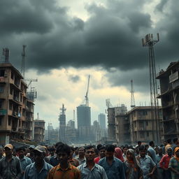 A powerful representation of the negative impacts of globalization, featuring a somber, urban landscape with broken communication signals, dilapidated buildings, and a sense of social disconnect among diverse groups of people