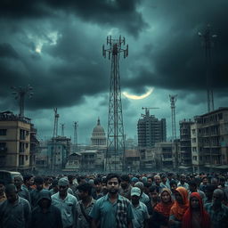 A powerful representation of the negative impacts of globalization, featuring a somber, urban landscape with broken communication signals, dilapidated buildings, and a sense of social disconnect among diverse groups of people