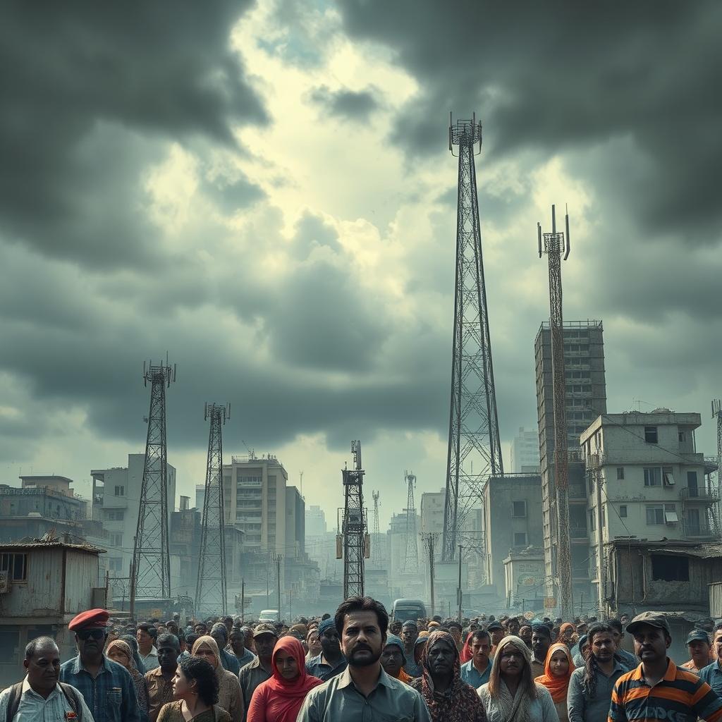 A powerful representation of the negative impacts of globalization, featuring a somber, urban landscape with broken communication signals, dilapidated buildings, and a sense of social disconnect among diverse groups of people