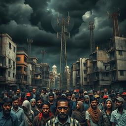 A powerful representation of the negative impacts of globalization, featuring a somber, urban landscape with broken communication signals, dilapidated buildings, and a sense of social disconnect among diverse groups of people