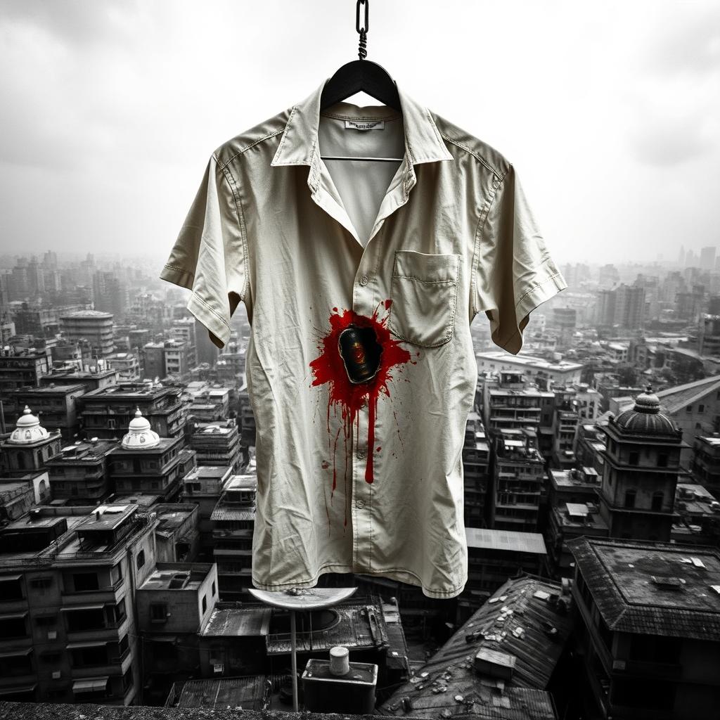 A dramatic black and white landscape of a rooftop in Kolkata, showcasing a large city background with intricate details of buildings and architecture