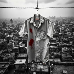 A dramatic black and white landscape of a rooftop in Kolkata, showcasing a large city background with intricate details of buildings and architecture