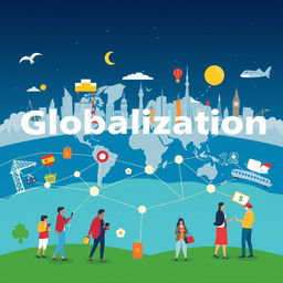 A visually striking illustration representing the reasons for globalization, featuring interconnected global cities, diverse cultures, and international trade