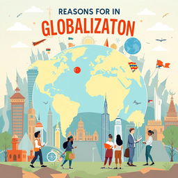A visually striking illustration representing the reasons for globalization, featuring interconnected global cities, diverse cultures, and international trade