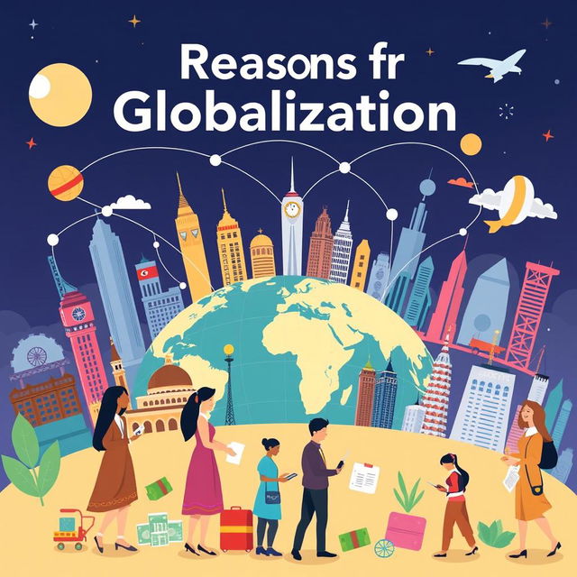 A visually striking illustration representing the reasons for globalization, featuring interconnected global cities, diverse cultures, and international trade