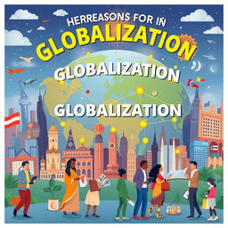 A visually striking illustration representing the reasons for globalization, featuring interconnected global cities, diverse cultures, and international trade