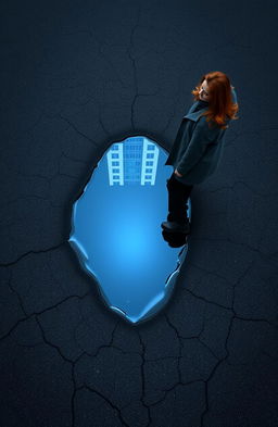 A small puddle centered in a cracked blacktop parking lot