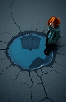 A small puddle centered in a cracked blacktop parking lot