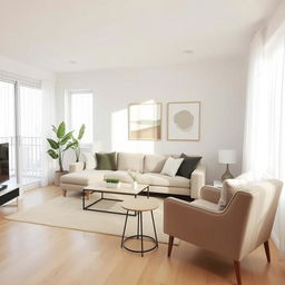 A simple, modern living room design featuring a comfortable sofa in neutral tones, a minimalist coffee table, and a cozy armchair