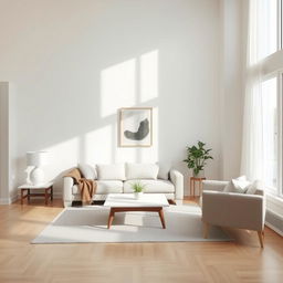 A simple, modern living room design featuring a comfortable sofa in neutral tones, a minimalist coffee table, and a cozy armchair
