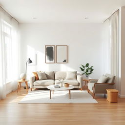 A simple, modern living room design featuring a comfortable sofa in neutral tones, a minimalist coffee table, and a cozy armchair