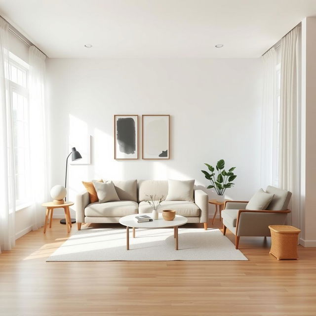 A simple, modern living room design featuring a comfortable sofa in neutral tones, a minimalist coffee table, and a cozy armchair