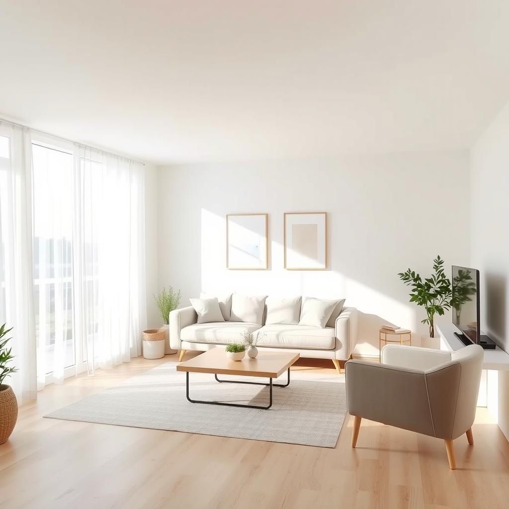 A simple, modern living room design featuring a comfortable sofa in neutral tones, a minimalist coffee table, and a cozy armchair