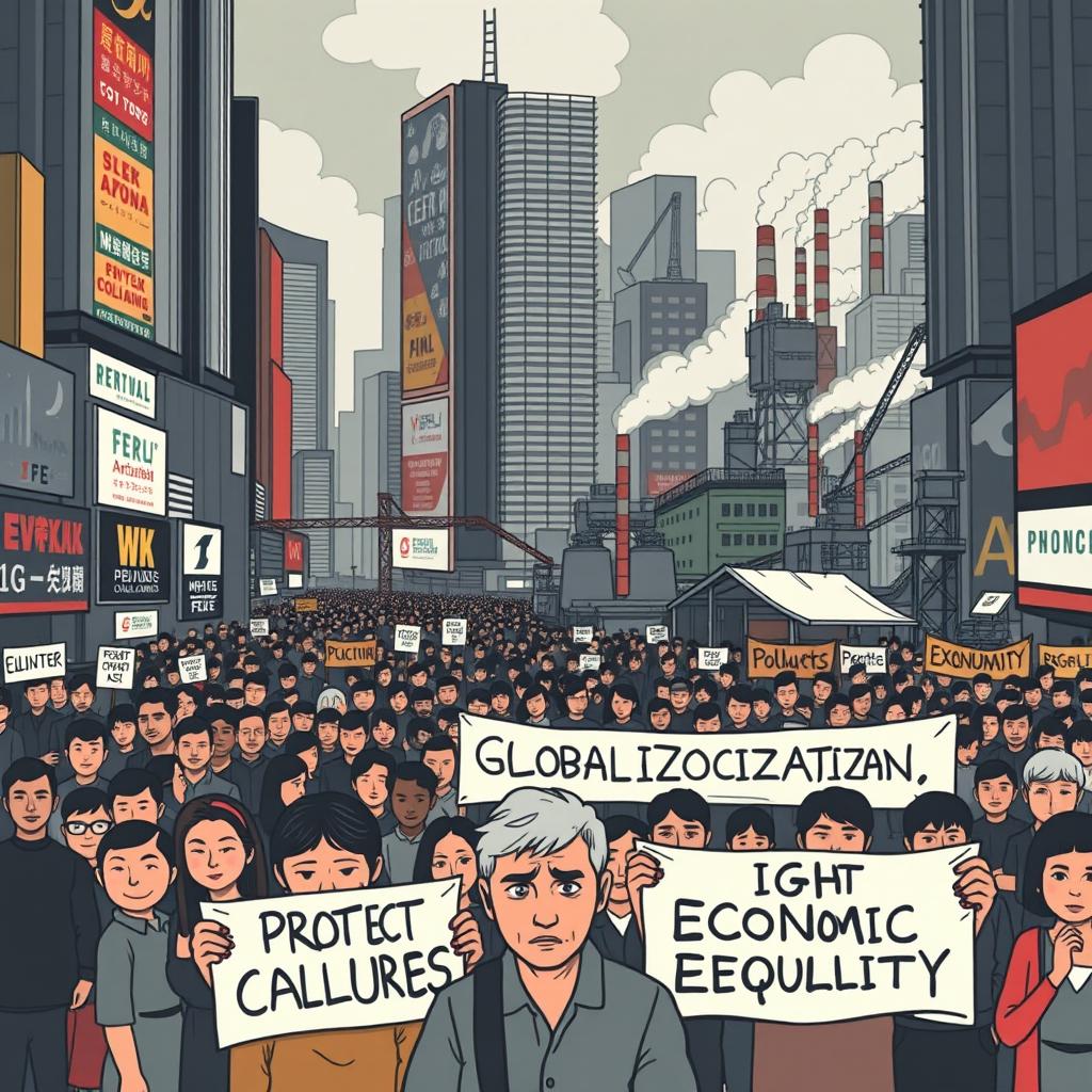 An illustration depicting the negative impacts of globalization on society, such as cultural homogenization and economic inequality