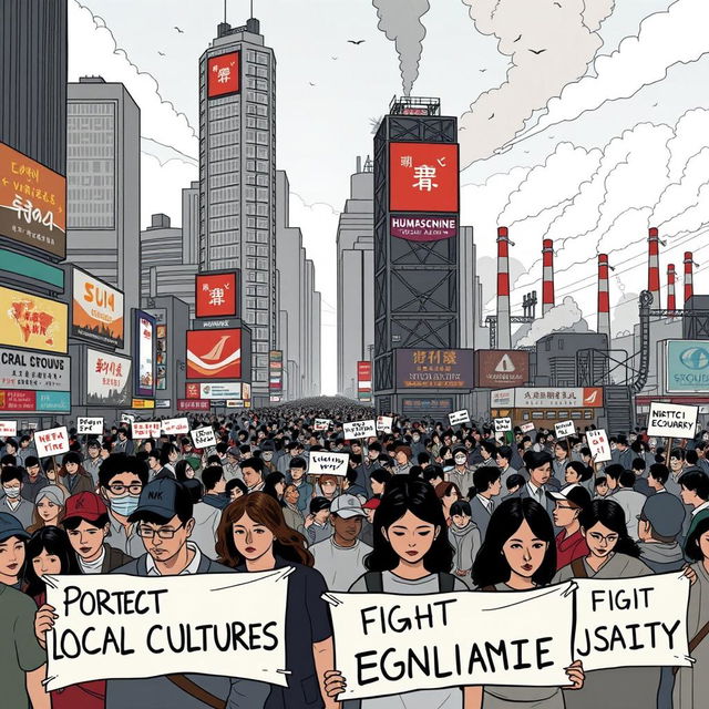 An illustration depicting the negative impacts of globalization on society, such as cultural homogenization and economic inequality