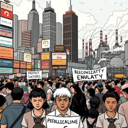 An illustration depicting the negative impacts of globalization on society, such as cultural homogenization and economic inequality