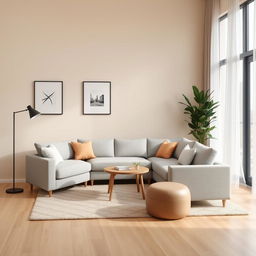A simple and elegant living room design featuring a light gray fabric sofa paired with a small, natural wood coffee table