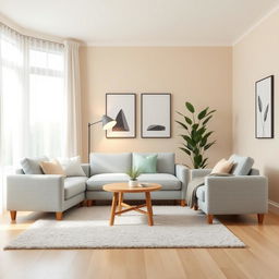 A simple and elegant living room design featuring a light gray fabric sofa paired with a small, natural wood coffee table