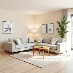 A simple and elegant living room design featuring a light gray fabric sofa paired with a small, natural wood coffee table