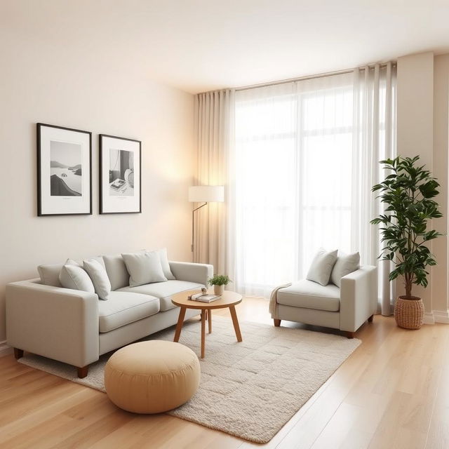 A simple and elegant living room design featuring a light gray fabric sofa paired with a small, natural wood coffee table