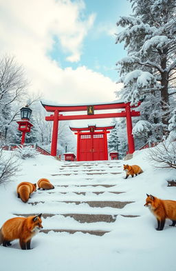 A tranquil snow scene featuring a traditional Tori gate surrounded by a serene winter landscape