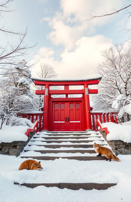 A tranquil snow scene featuring a traditional Tori gate surrounded by a serene winter landscape