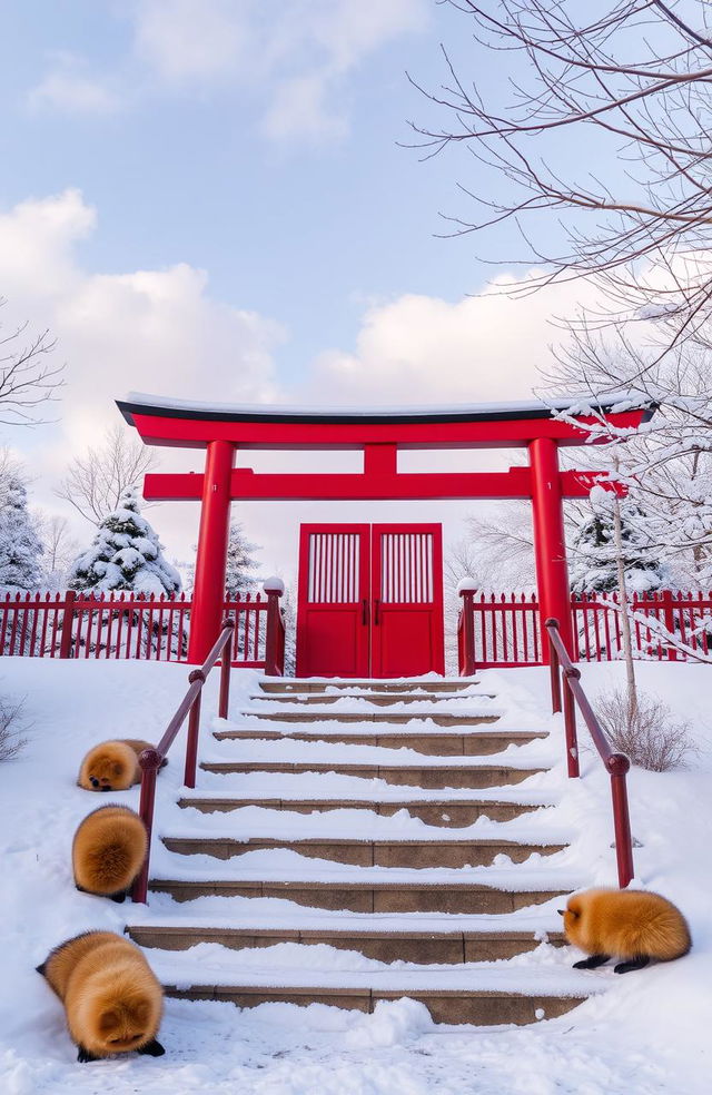 A tranquil snow scene featuring a traditional Tori gate surrounded by a serene winter landscape