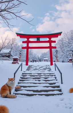 A tranquil snow scene featuring a traditional Tori gate surrounded by a serene winter landscape