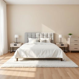 A simple and serene bedroom design featuring a queen-sized bed with a light gray upholstered headboard, adorned with soft white bedding and a few accent pillows in muted tones