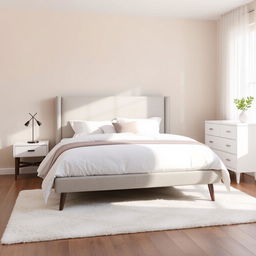 A simple and serene bedroom design featuring a queen-sized bed with a light gray upholstered headboard, adorned with soft white bedding and a few accent pillows in muted tones