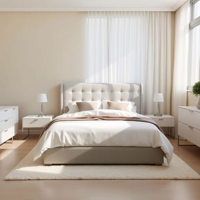 A simple and serene bedroom design featuring a queen-sized bed with a light gray upholstered headboard, adorned with soft white bedding and a few accent pillows in muted tones