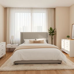 A simple and serene bedroom design featuring a queen-sized bed with a light gray upholstered headboard, adorned with soft white bedding and a few accent pillows in muted tones