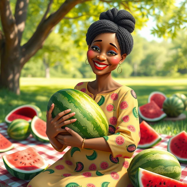 A whimsical scene depicting a mother figure in a vibrant, playful style, cradling a watermelon as if it were a baby