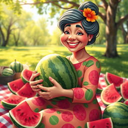 A whimsical scene depicting a mother figure in a vibrant, playful style, cradling a watermelon as if it were a baby