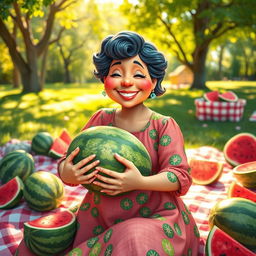 A whimsical scene depicting a mother figure in a vibrant, playful style, cradling a watermelon as if it were a baby