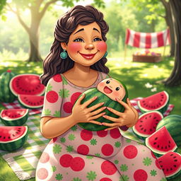 A whimsical scene depicting a mother figure in a vibrant, playful style, cradling a watermelon as if it were a baby