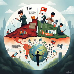 An illustration showing the negative impacts of globalization on society in the digital age