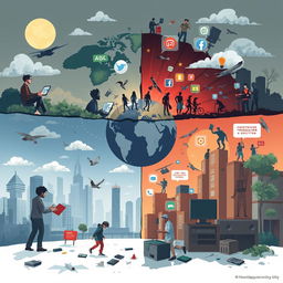 An illustration showing the negative impacts of globalization on society in the digital age