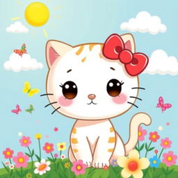 A cute and whimsical illustration of a cartoon cat resembling Hello Kitty, with large round eyes, a small nose, and a red bow on her left ear