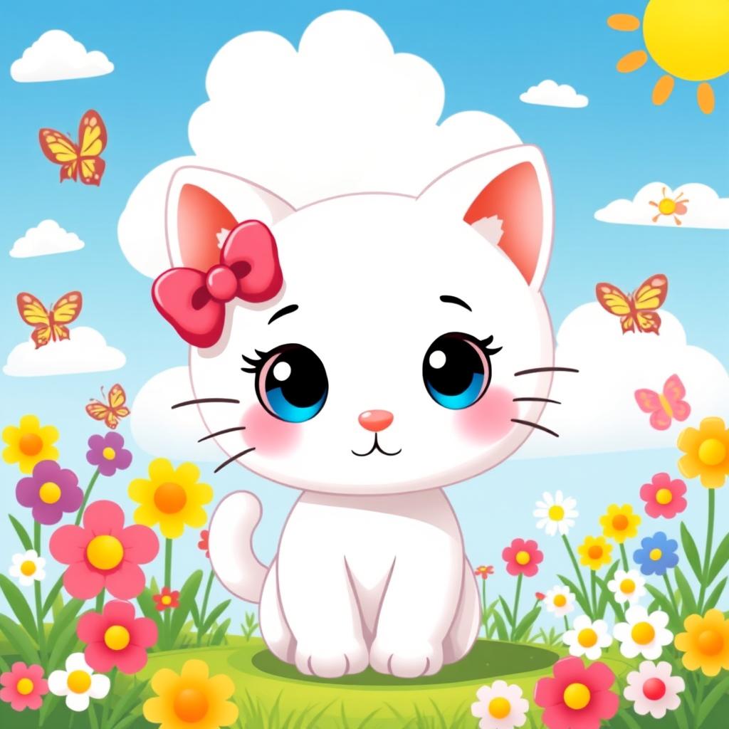 A cute and whimsical illustration of a cartoon cat resembling Hello Kitty, with large round eyes, a small nose, and a red bow on her left ear