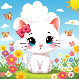 A cute and whimsical illustration of a cartoon cat resembling Hello Kitty, with large round eyes, a small nose, and a red bow on her left ear